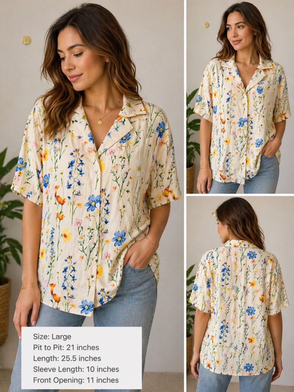 Cream Floral Button-Up Blouse – Size Large, Lightweight Spring Shirt